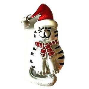 Vtg Santa Christmas Kitty Cat Brooch Pin Red Hat Scarf Bell Silver Plated Enamel